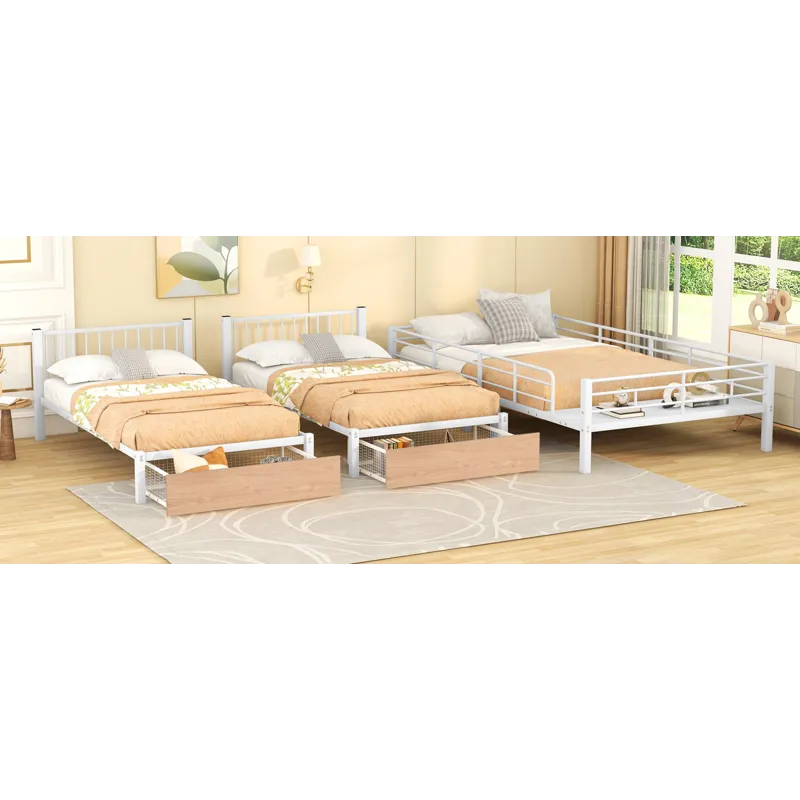Full Over Twin & Twin Bunk Bed, Metal Triple Bunk Bed With Drawers And Guardrails - White