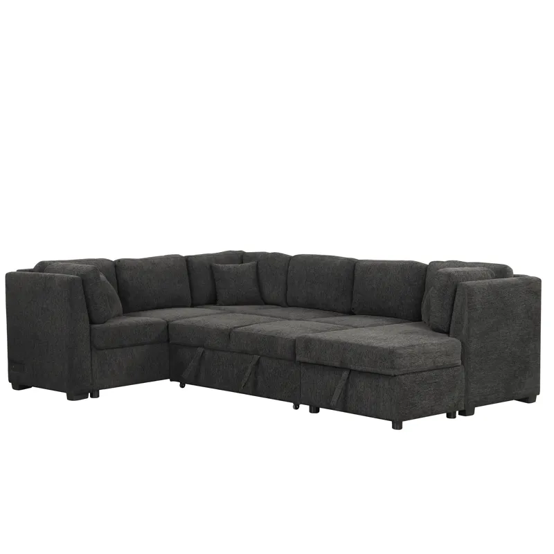 U-Shaped Sectional Sofa Pull Out Sofa Bed With Two USB Ports, Two Power Sockets, Three Back Pillows 