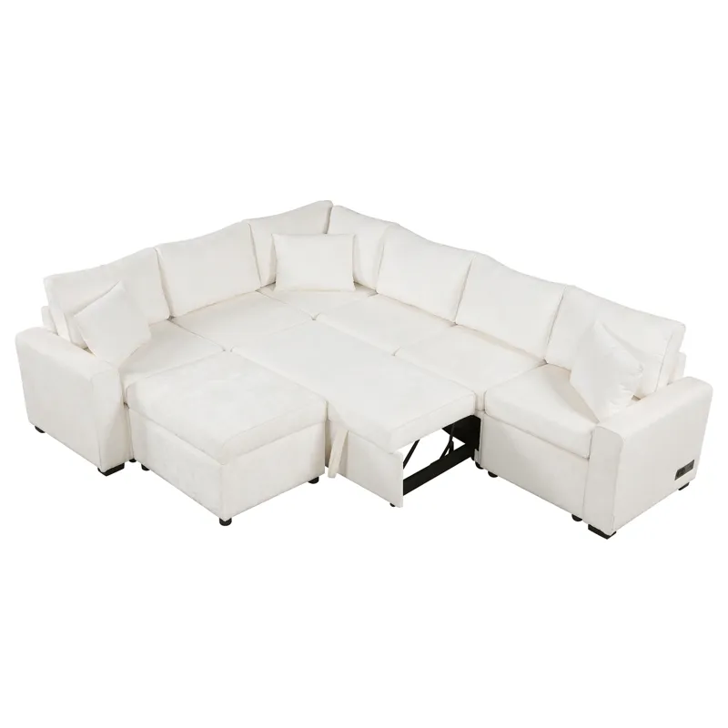 Sectional Sofa Pull-Out Sofa Bed Sleeper With A Storage Ottoman, Three Pillows And Charging Devices 
