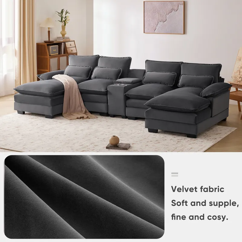 Modern U Shaped Sofa With Console, Cupholders And USB Ports, 6 Seat Upholstered Symmetrical Indoor F