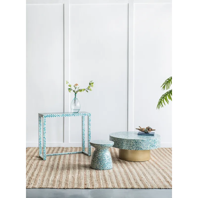 Unique Hyperion Capiz Inlay Drum Coffee Table With Gold Pedestal Base - Multi