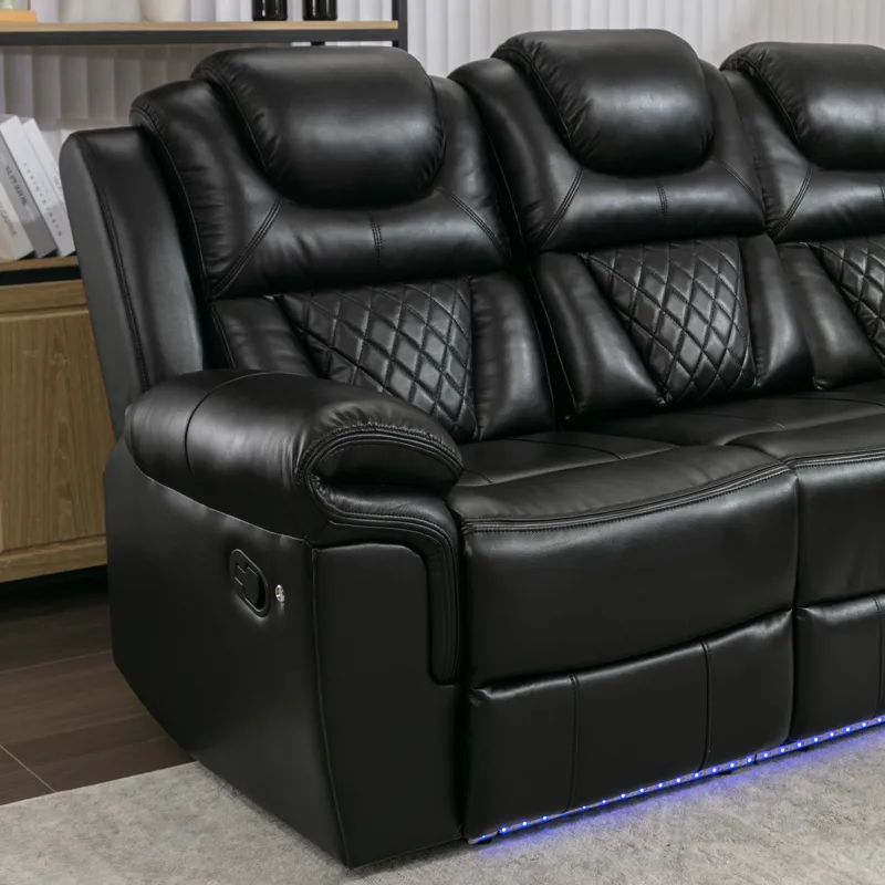 Home Theater Seating Manual Recliner Chair With Center Console And Led Light Strip For Living Room -