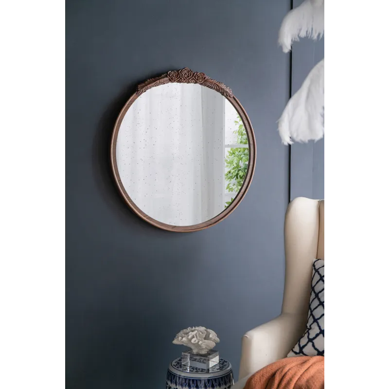 Round Hand Carved Rose Antique Mirror Frame, Wall Mirror For Live Space, Bathroom, Entryway Wall Dec