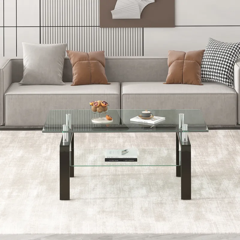 Tempered Clear Glass Coffee Table, 2-Layers Coffee Table Living Room Center Table - Black