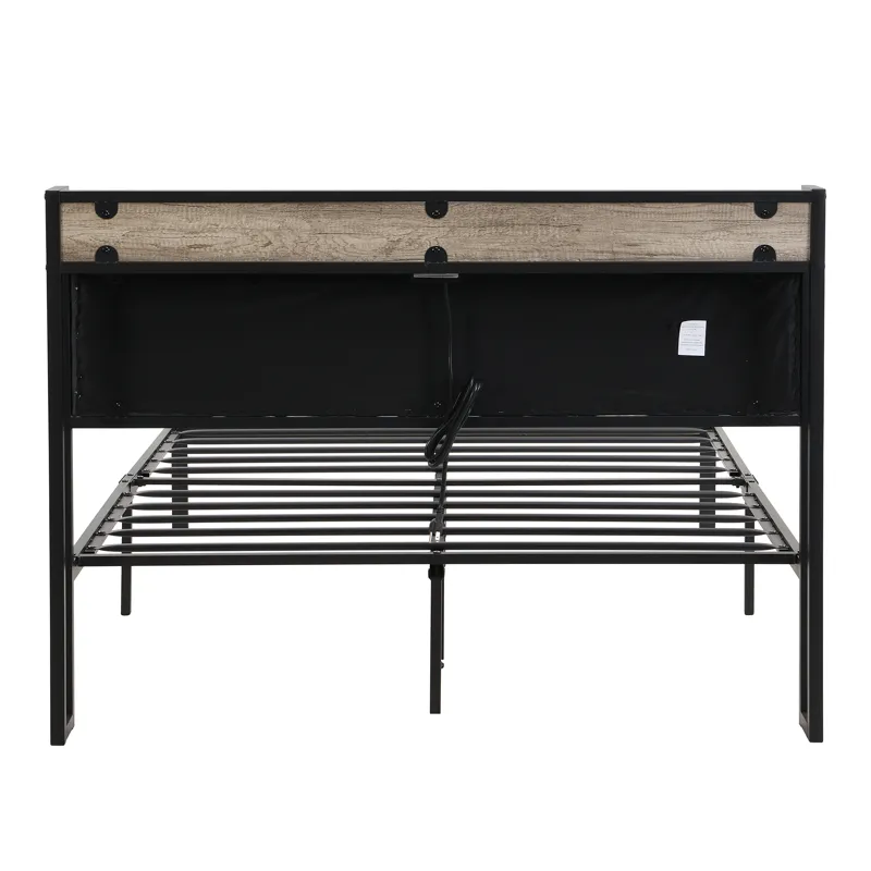Queen Size Metal Platform Bed Frame With Upholsteryolstery Storage Function Headboard And USB Liner 