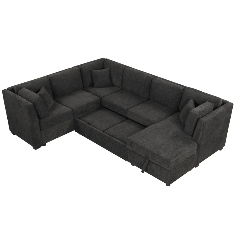 U-Shaped Sectional Sofa Pull Out Sofa Bed With Two USB Ports, Two Power Sockets, Three Back Pillows 