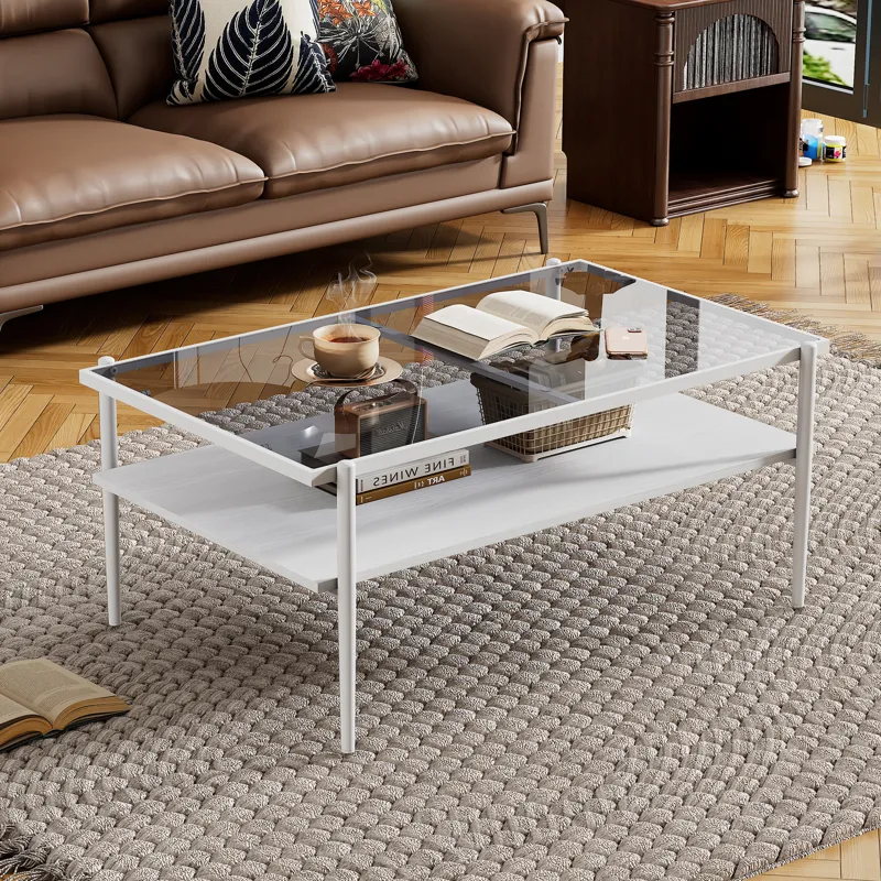 Rectangle Coffee Table With Tempered Glass Top And White Legs, Modern Table For Living Room - Gray