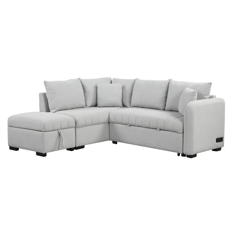L-Shaped Sectional Pull Out Sofa Bed Sleeper Sofa With Two USB Ports, Two Power Sockets And A Movabl