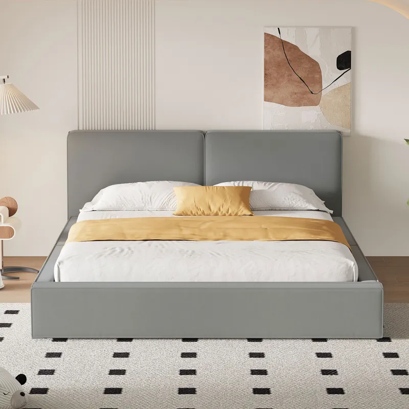 Queen Size Upholstered Platform Bed With , Grounded Bed With Solid Frame - Gray
