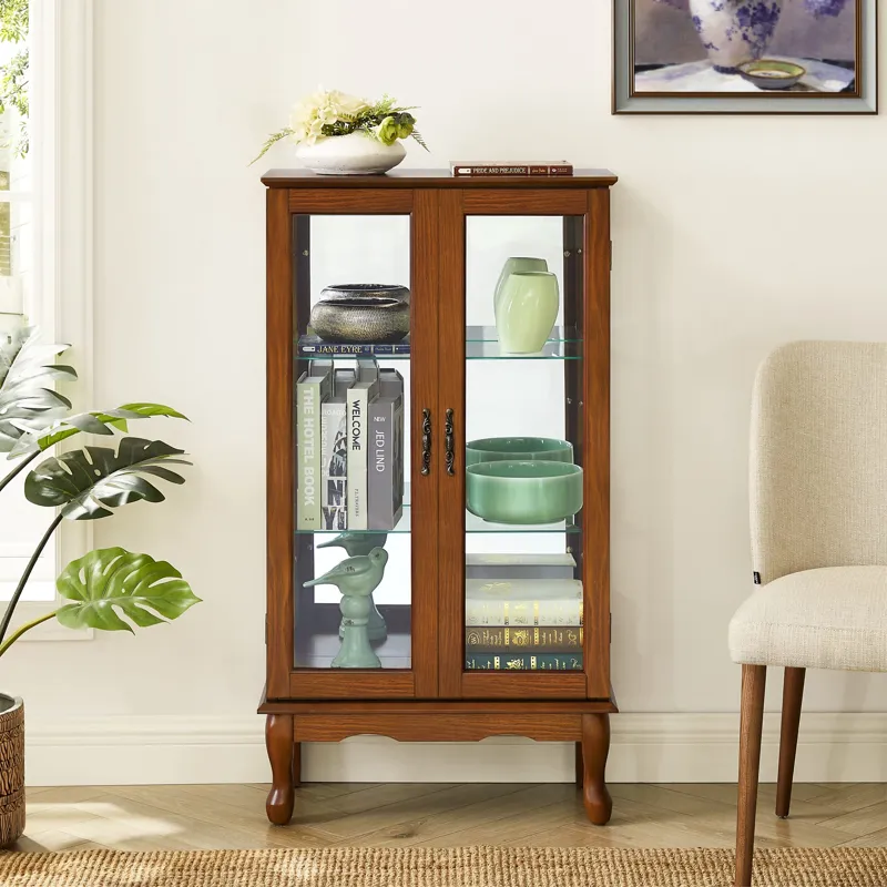 Curio Cabinet Lighted Curio Diapaly Cabinet With Adjustable Shelves And Mirrored Back Panel, Tempere