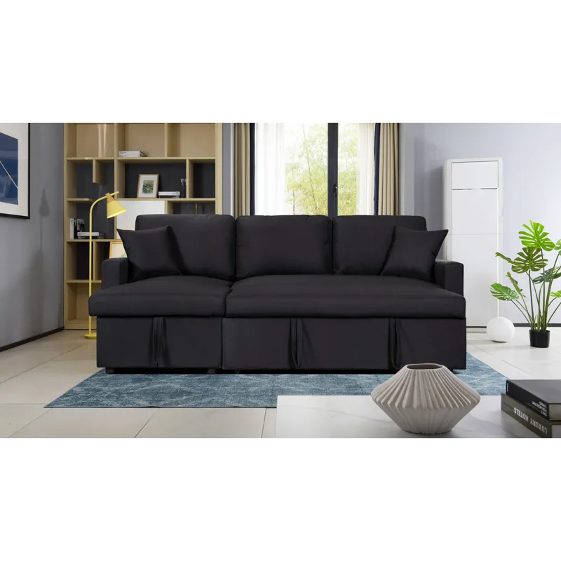 Paisley - Linen Fabric Reversible Sleeper Sectional Sofa With Storage Chaise - Black