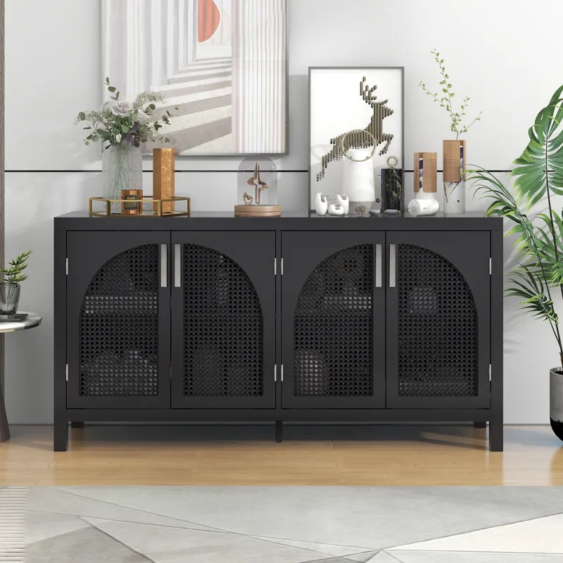Large Storage Space Sideboard With Artificial Rattan Door And Metal Handles For Living Room And Entr