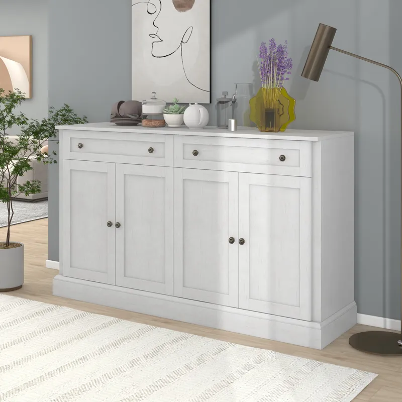 Kitchen Sideboard Storage Buffet Cabinet With 2 Drawers & 4 Doors Adjustable Shelves For Dining Room, Living Room - Antique White