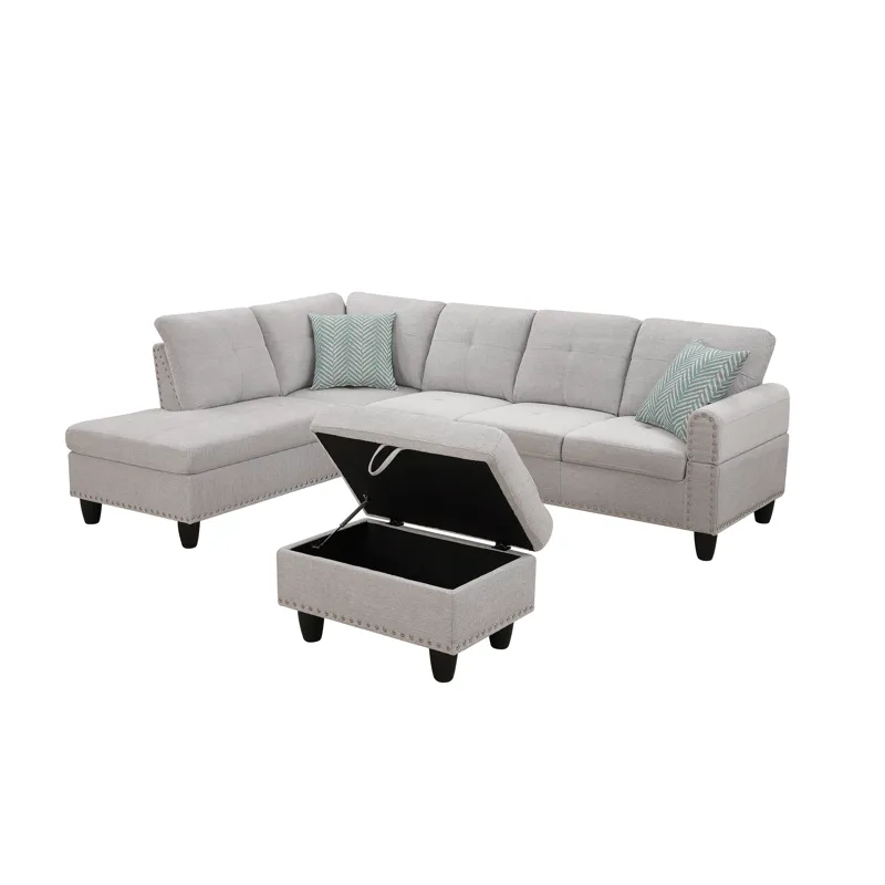 Alger - 98" Wide Left Hand Facing Sofa & Chaise With Ottoman - Light Gray