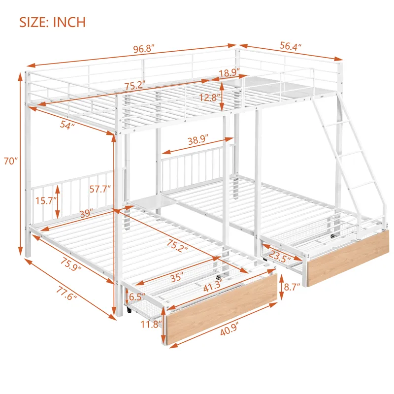 Full Over Twin & Twin Bunk Bed, Metal Triple Bunk Bed With Drawers And Guardrails - White