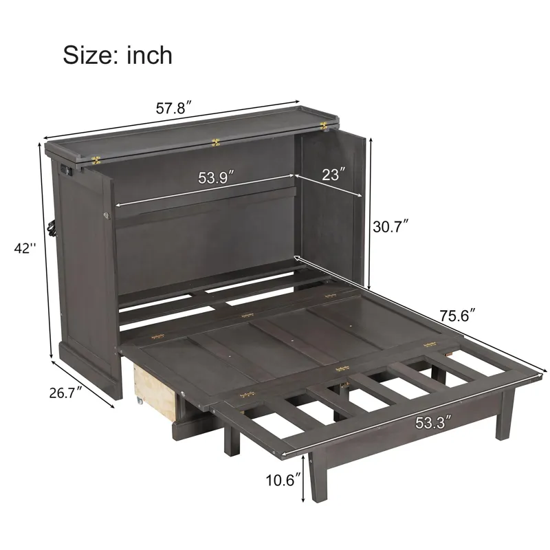 Full Solid Pine Murphy Bed Chest Cube Cabinet Bed With Charging Station And Large Storage Drawer For