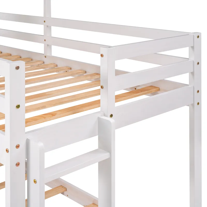 Twin Over Twin Bunk Bed Wood Bed & Roof, Window, Guardrail, Ladder - White