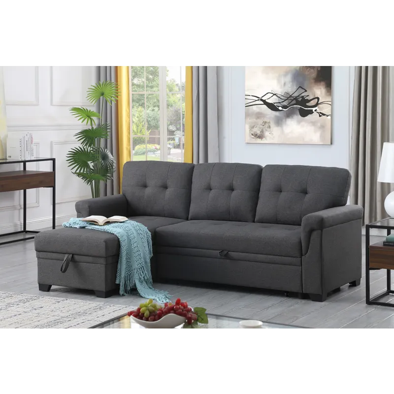 Lucca - Linen Reversible Sleeper Sectional Sofa With Storage Chaise - Dark Gray