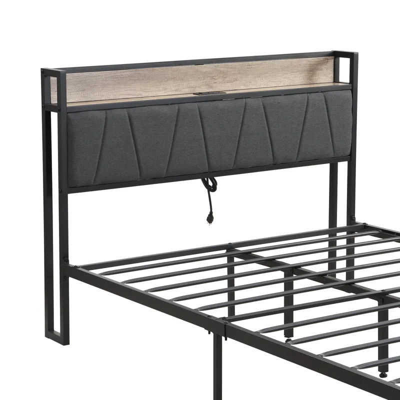 Queen Size Metal Platform Bed Frame With Upholsteryolstery Storage Function Headboard And USB Liner 