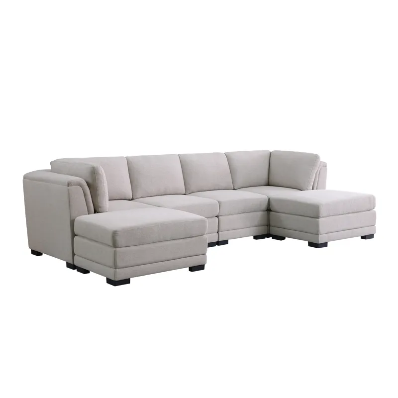 Kristin - Linen Fabric Reversible Sectional Sofa With 2 Ottomans - Light Gray