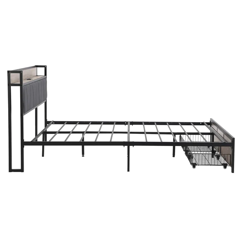 Queen Size Metal Platform Bed Frame With Upholsteryolstery Storage Function Headboard And USB Liner 