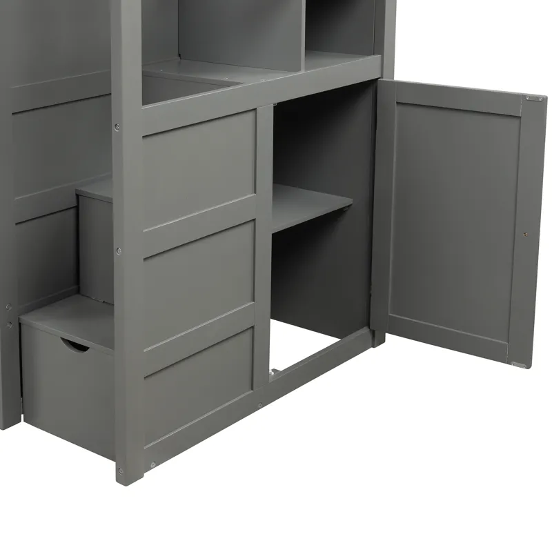 Twin Over Full / Twin Bunk Bed, Convertible Bottom Bed, Storage Shelves And Drawers - Gray