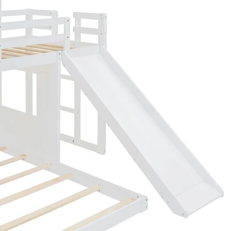 Wooden Twin Over Full Bunk Bed, Loft Bed With Playhouse, Farmhouse, Ladder, Slide And Guardrails - W