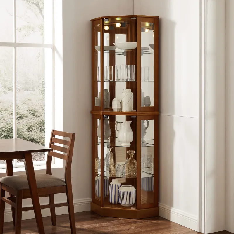 6 Shelf Corner Curio Display Cabinet With Lights, Mirrors And Adjustable Shelves (E26 Light Bulb Not