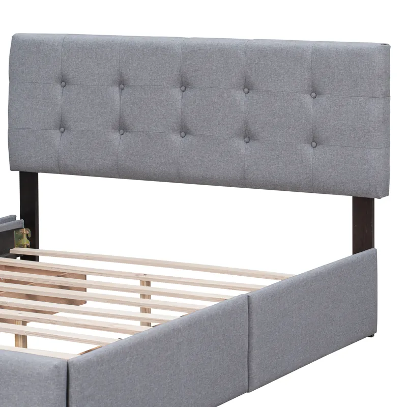 Queen Size Upholstered Platform Bed With Classic Headboard And 4 Drawers, No Box Spring Needed - Lig