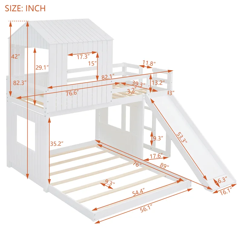 Wooden Twin Over Full Bunk Bed, Loft Bed With Playhouse, Farmhouse, Ladder, Slide And Guardrails - W