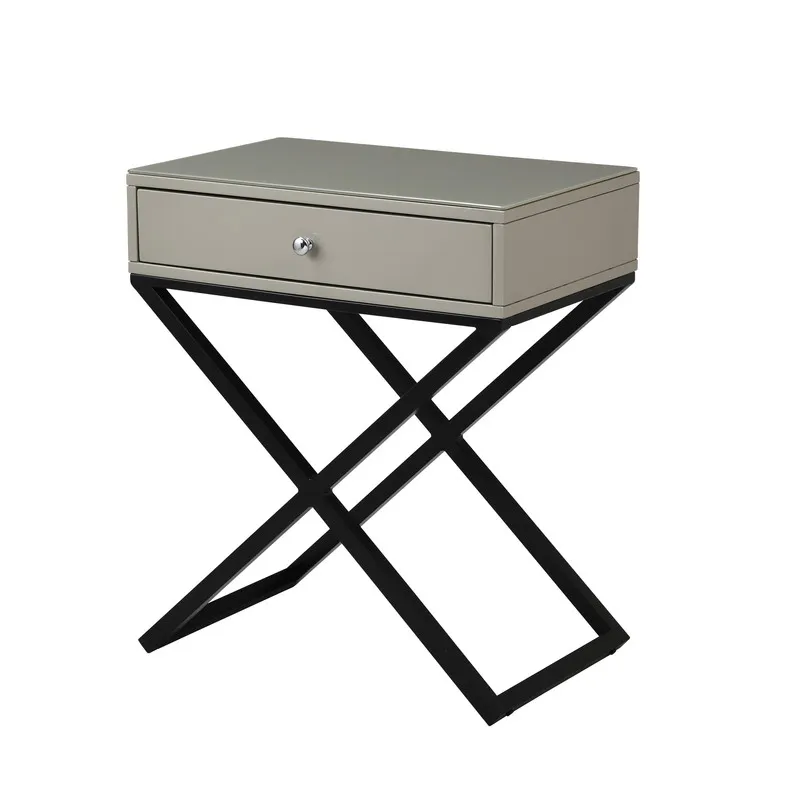 Koda - Wooden End Side Table Nightstand With Glass Top, Drawer And Metal Cross Base - Taupe