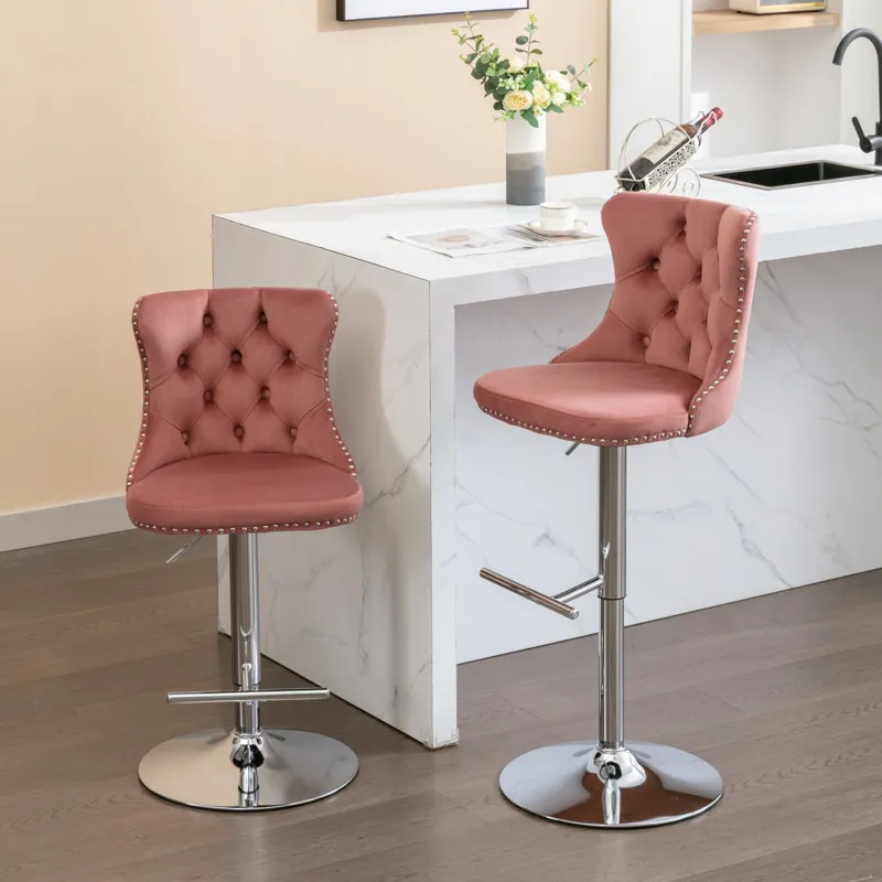 Swivel Velvet Barstools Adjusatble Seat Height From 25-33\", Modern Upholstered Chrome Base Bar Stoo
