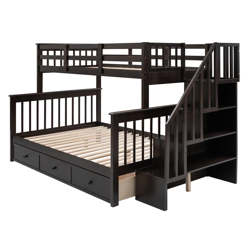 Twin Over Full Stairway Bunk Bed With Drawer, Storage And Guard Rail For Bedroom, Dorm, For Adults -