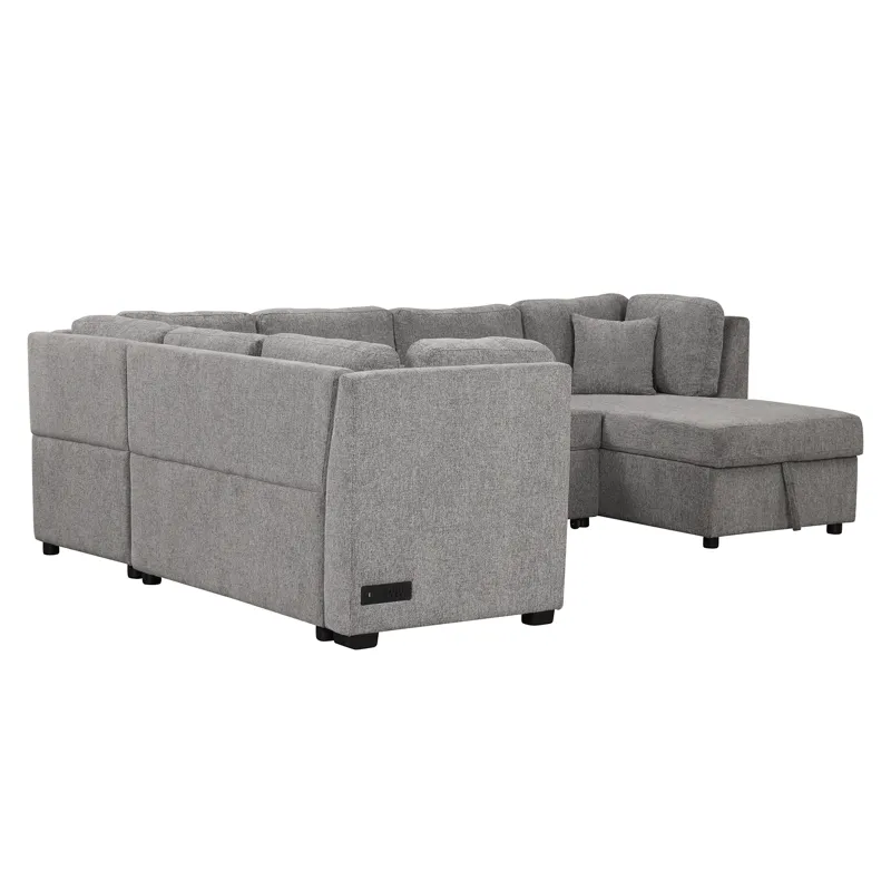 U-Shaped Sectional Sofa Pull Out Sofa Bed With Two USB Ports, Two Power Sockets, Three Back Pillows 