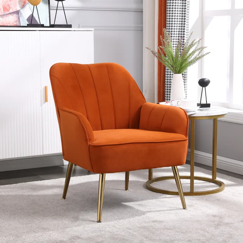 Modern Mid-Century Chair Velvet Sherpa Armchair For Living Room Bedroom Office - Orange