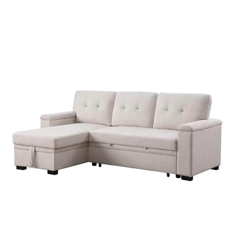 Lucca II  - 84.5\"W Beige Woven Fabric Reversible Sleeper Sectional Sofa With Storage Chaise and Poc