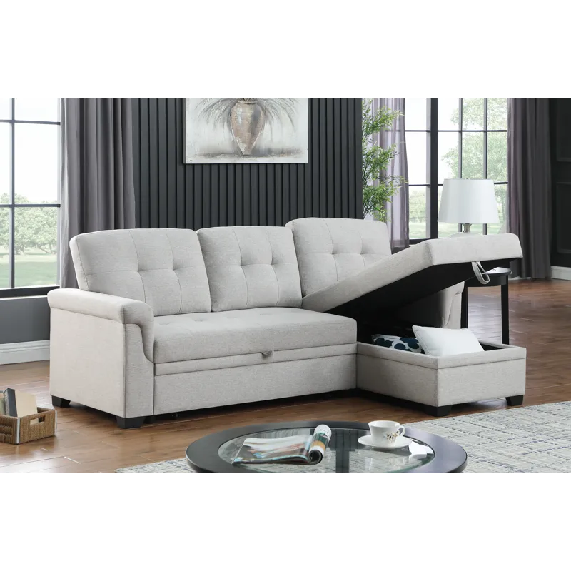 Lucca - Linen Reversible Sleeper Sectional Sofa With Storage Chaise - Light Gray