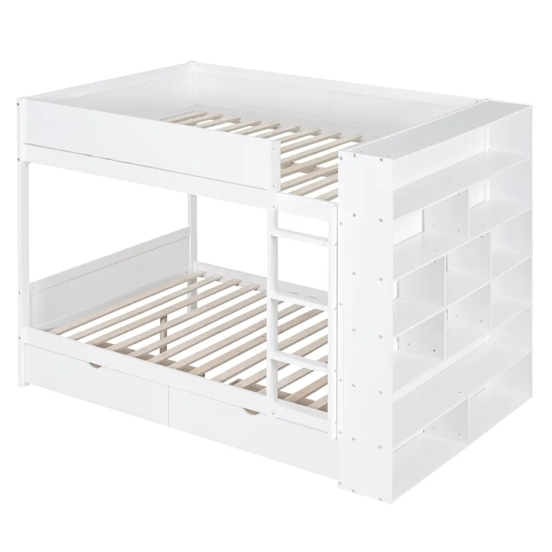Full Over Full Bunk Bed With 2 Drawers And Multi - Layer Cabinet - White