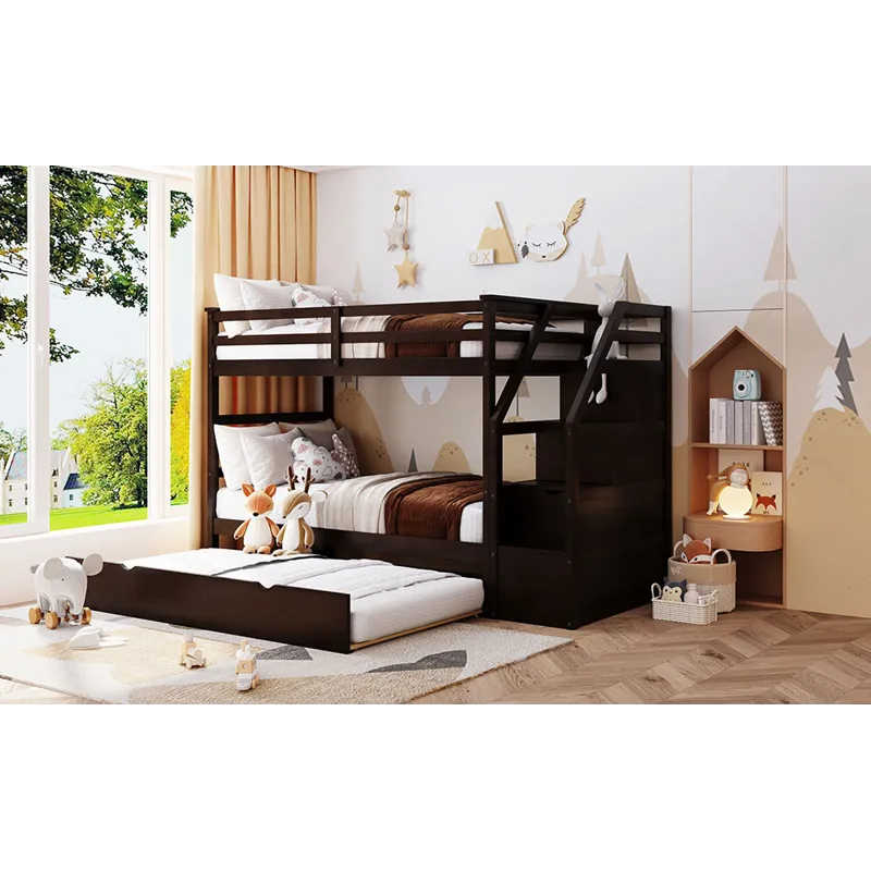 Twin Over Twin Bunk Bed With Twin Size Trundle And 3 Storage Stairs - Espresso