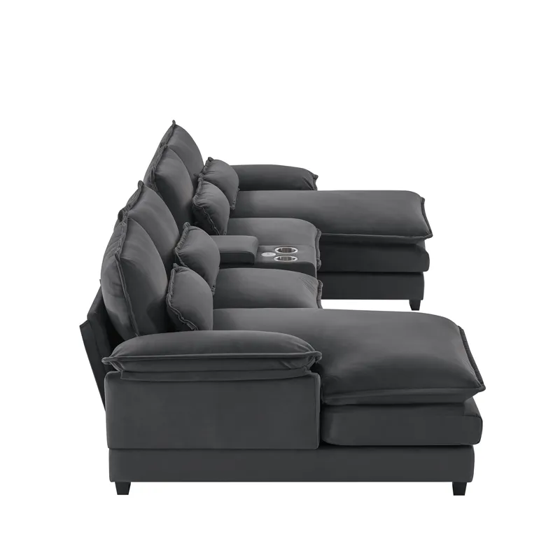 Modern U Shaped Sofa With Console, Cupholders And USB Ports, 6 Seat Upholstered Symmetrical Indoor F