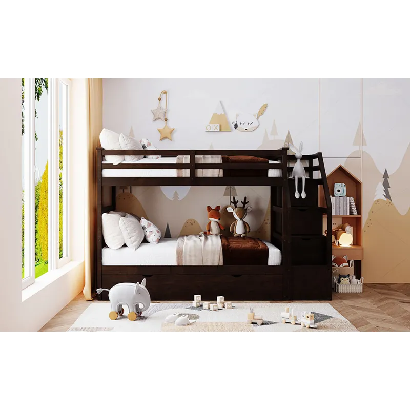 Twin Over Twin Bunk Bed With Twin Size Trundle And 3 Storage Stairs - Espresso