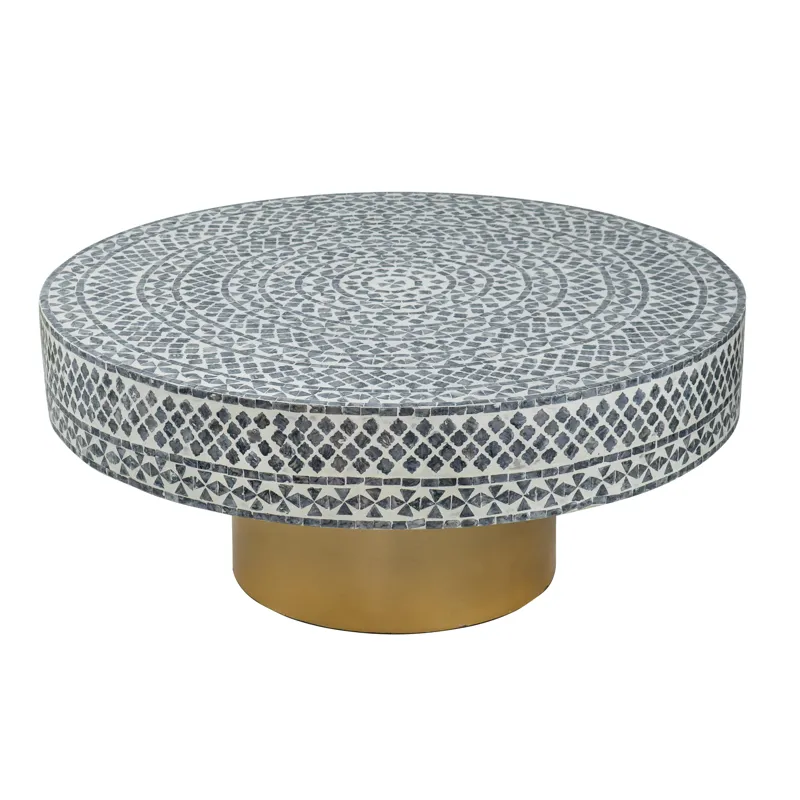 Unique Capiz Coffee Table With Pedestal Base - Gray / Ivory / Gold