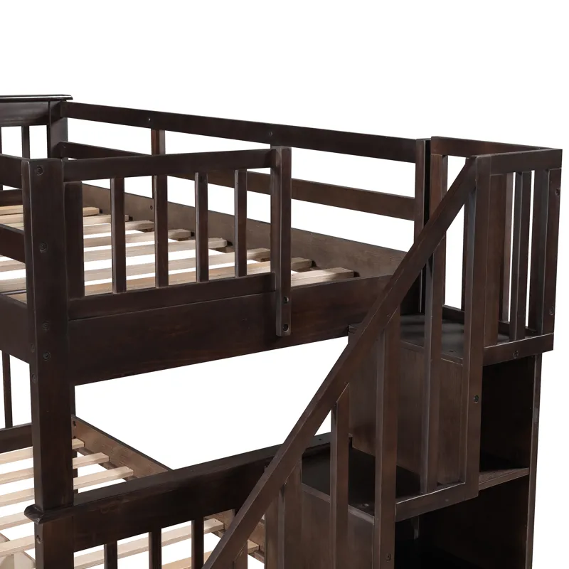 Stairway Twin Over Twin Bunk Bed With Three Drawers For Bedroom, Dorm - Espresso