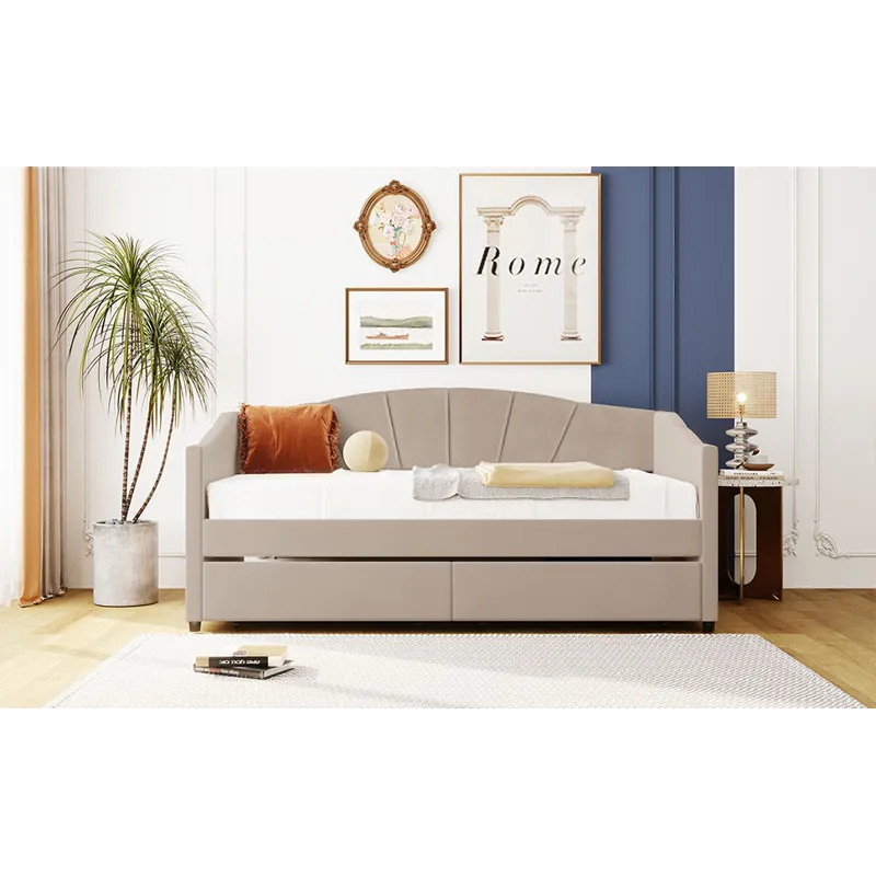 Twin Size Upholstered Daybed With Two Drawers And Wood Slat - Beige