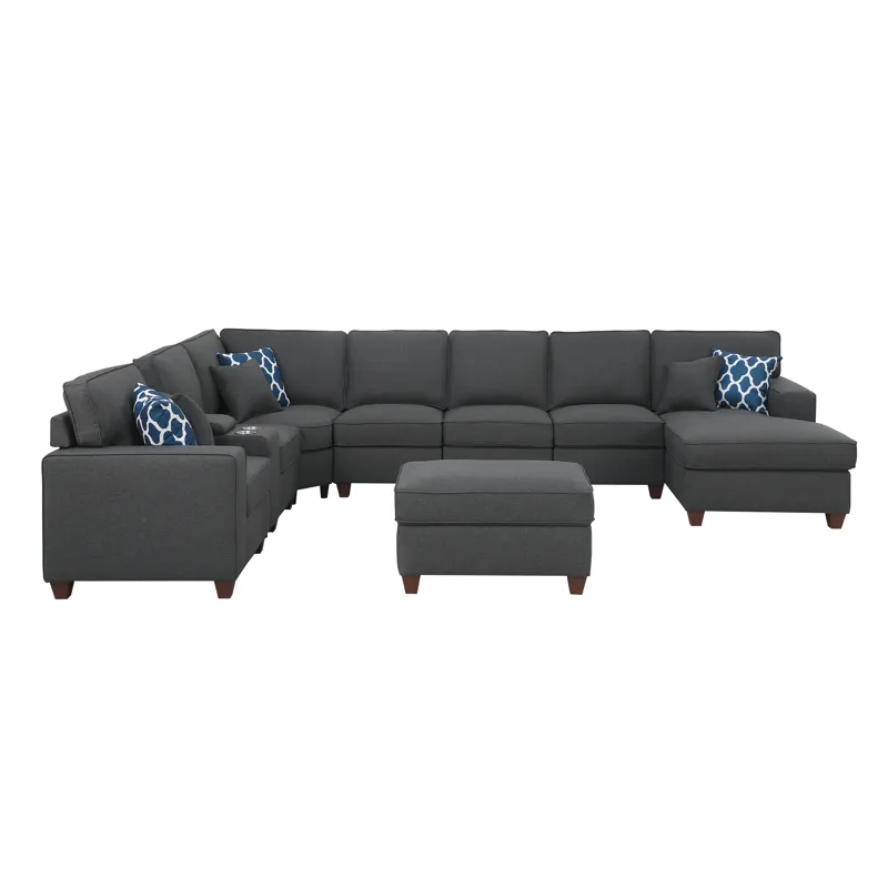 Eric - 9 Piece Upholstered Sectional With Ottoman - Dark Gray