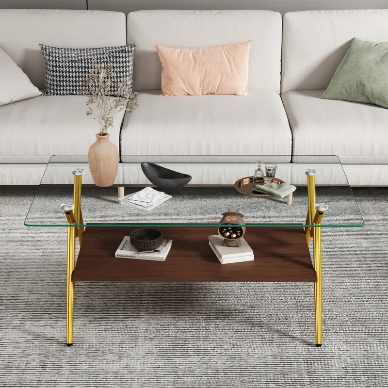 Rectangle Coffee Table With Tempered Glass Top And Golden Metal Legs, Modern Table For Living Room, 