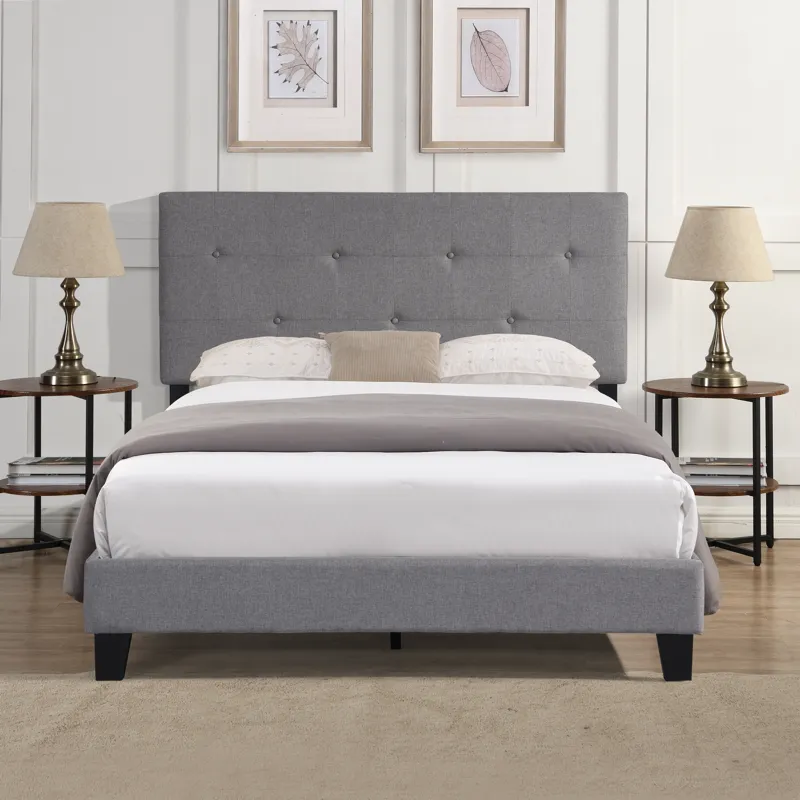 Full Size Upholstered Platform Bed Frame With Modern Button Tufted Linen Fabric Headboard, No Box Sp