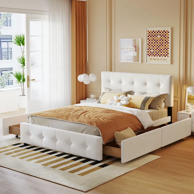 Queen Size Upholstered Platform Bed With Classic Headboard And 4 Drawers, No Box Spring Needed - Whi