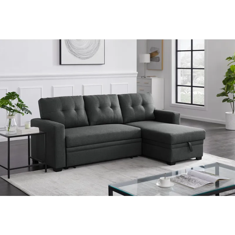 Upholstered Pull Out Sectional Sofa With Chaise - Dark Gray