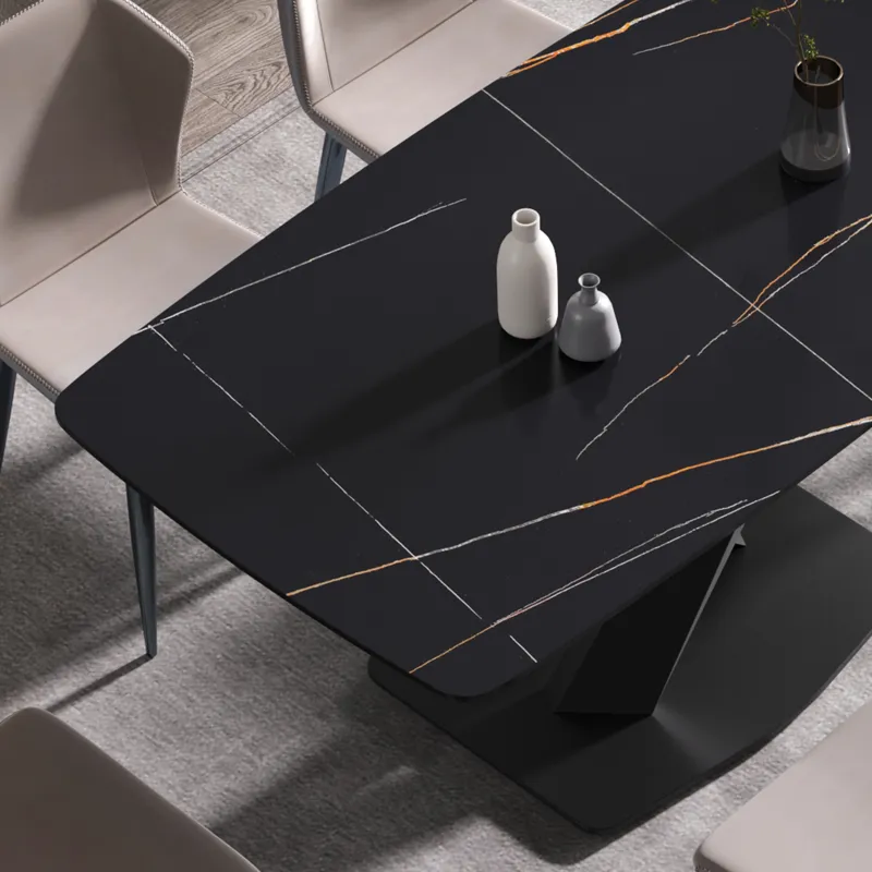 63\" Artificial Stone Black Curved Black Metal Leg Dining Table - Black